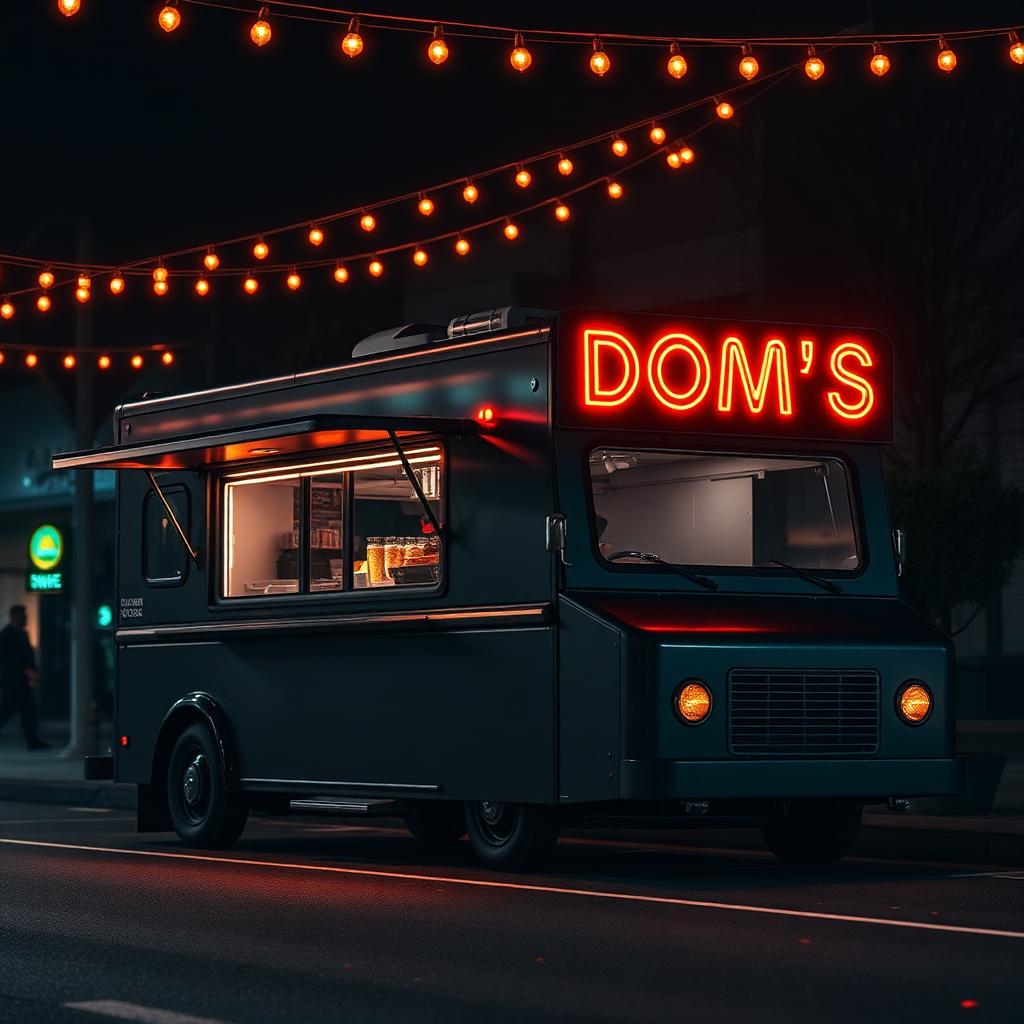 DOM's food truck at night with warm festoon lights